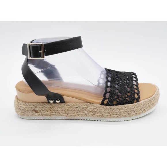 Juti Sandals Womens 11 Black Faux Leather Platform Espadrille Flatform Open Toe - Picture 4 of 11